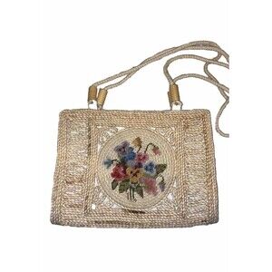 Vintage Needlepoint Handbag Purse Wicker Fabric Floral Tapestry Granniecore